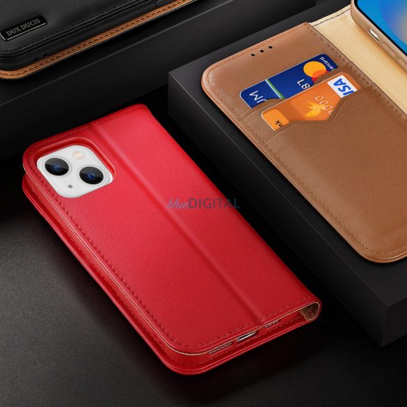 Dux Ducis Hivo Leather Flip Husă Portofel din piele naturală pentru carduri și documente iPhone 14 Plus Red