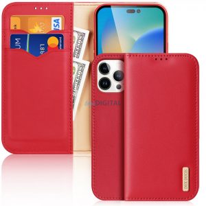 Dux Ducis Hivo Leather Flip Husă Portofel din piele naturală pentru carduri și documente iPhone 14 Pro Max Red