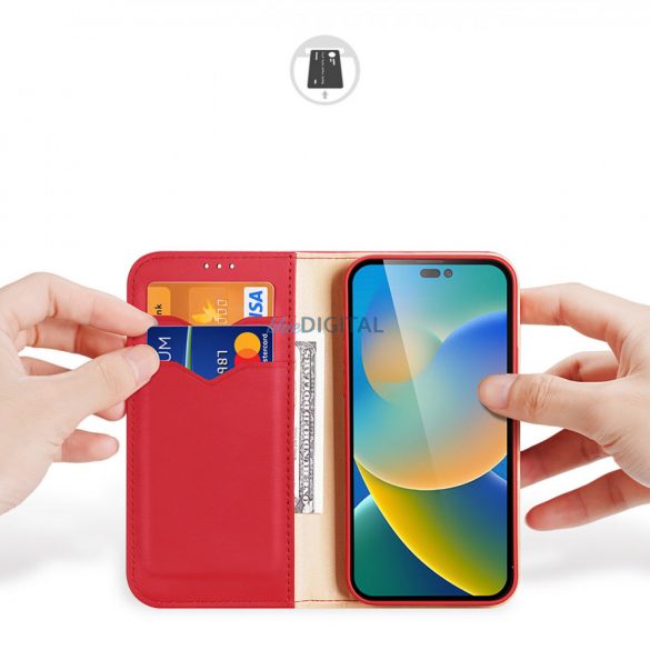 Dux Ducis Hivo Leather Flip Husă Portofel din piele naturală pentru carduri și documente iPhone 14 Pro Max Red