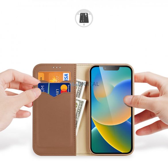 Dux Ducis Hivo Leather Flip Husă Portofel din piele naturală pentru carduri și documente iPhone 14 maro