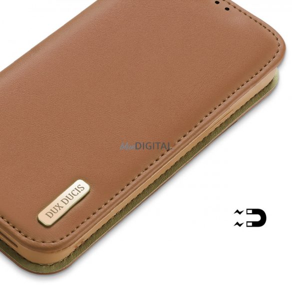 Dux Ducis Hivo Leather Flip Husă Portofel din piele naturală pentru carduri și documente iPhone 14 maro