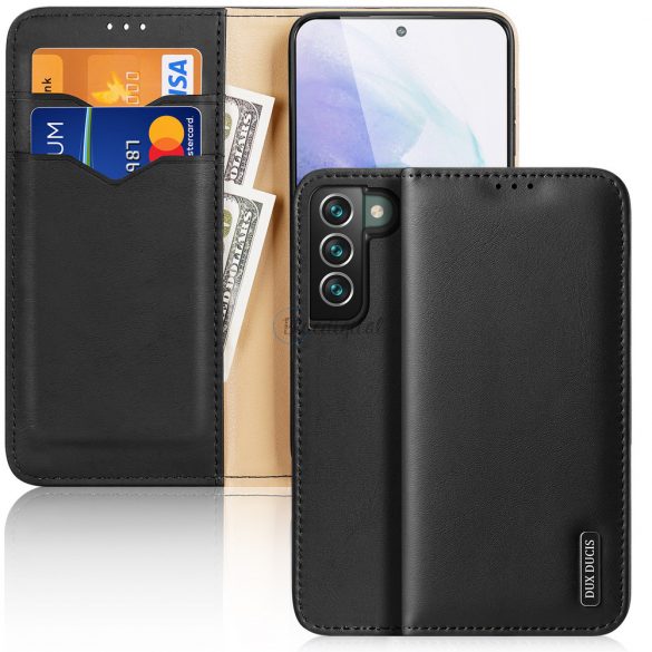 Dux Ducis Hivo Leather Flip Husă Portofel din piele naturală pentru carduri și documente Samsung Galaxy S22 + (S22 Plus) Negru