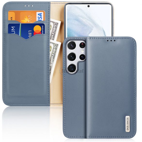 Dux Ducis Hivo Leather Flip Husă Portofel din piele naturală pentru carduri și documente Samsung Galaxy S22 Ultra Blue