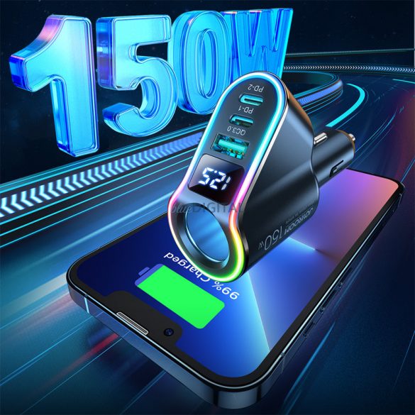 Joyroom încărcător auto rapid 4in1 USB-A QC3.0 / 2xUSB-C PD 150W negru (JR-CL21)