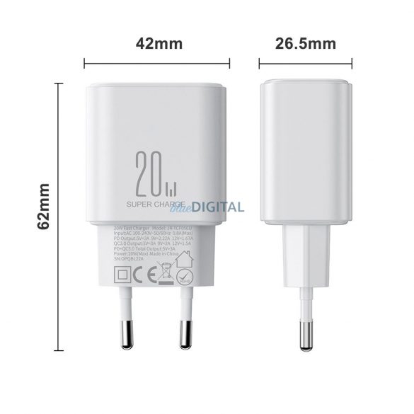 EU Joyroom JR-TCF05 20W USB-A încărcător USB-C + cablu USB-C - alb