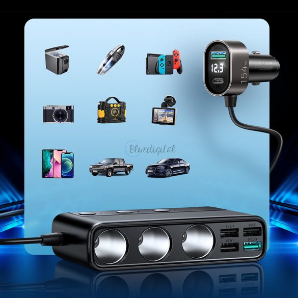 Joyroom 9in1 încărcător auto pentru laptop 154W - 5x USB / 1x USB tip C / 3x priză brichetă Power Delivery / Quick Charge / PPS / AFC / FCP negru (JR-CL06)