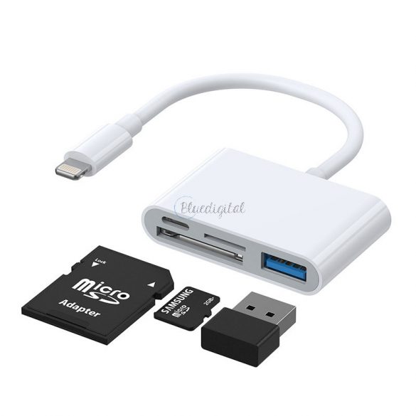 Adaptor Joyroom cu cititor de carduri SD și TF, port USB OTG și cablu cu conector Lightning alb (S-H142)