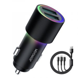 Încărcător auto Joyroom 2 x USB cu iluminare 24W + cablu de alimentare 3in1 USB Type C / micro USB / Lightning 1.2m negru (JR-CL10)