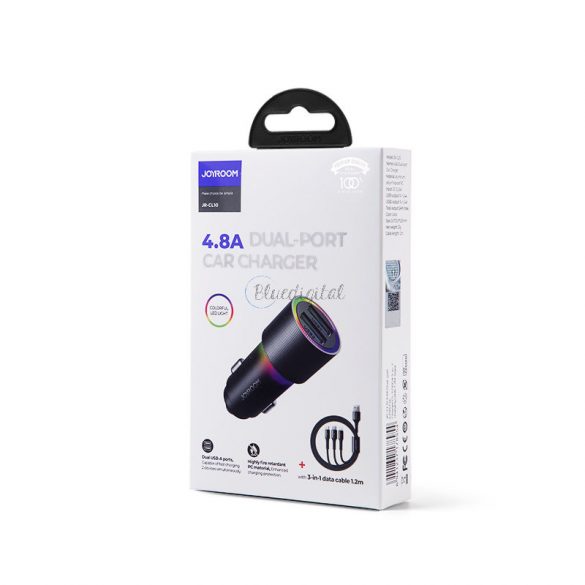 Încărcător auto Joyroom 2 x USB cu iluminare 24W + cablu de alimentare 3in1 USB Type C / micro USB / Lightning 1.2m negru (JR-CL10)