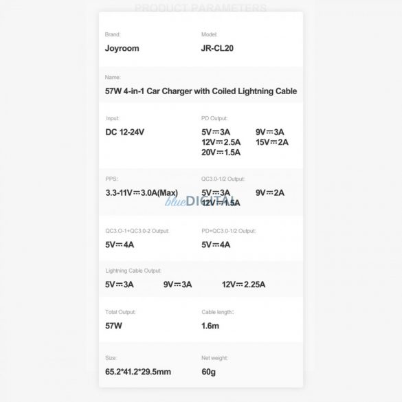 Încărcător de mașină rapid 4 în 1 Joyroom PD, QC3.0, AFC, FCP cu cablu Lightning de 1,6 m 57 W negru (JR-CL20)