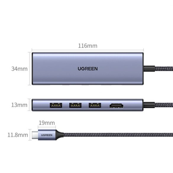 HUB Ugreen CM511 20956A 6in1 USB-C - HDMI / 3x USB-A 3.0 / cititor de carduri SD/TF - gri