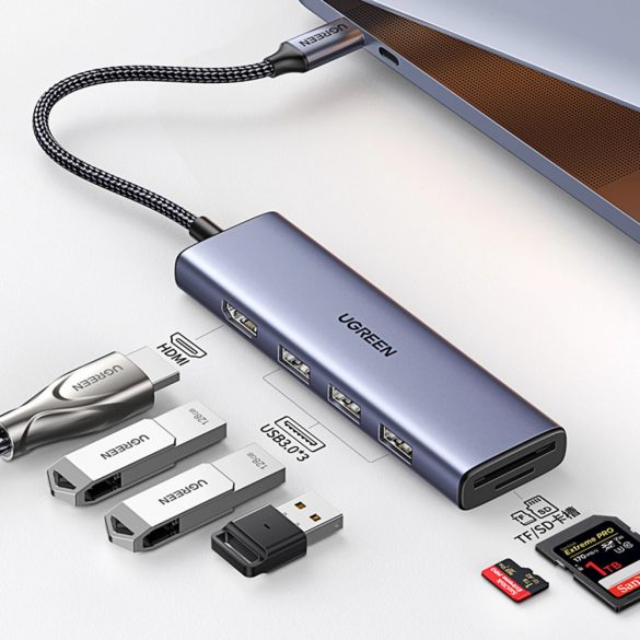 HUB Ugreen CM511 20956A 6in1 USB-C - HDMI / 3x USB-A 3.0 / cititor de carduri SD/TF - gri