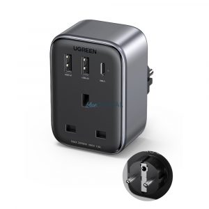 Încărcător de perete 30W (2xUSB/USB C/AC) / UK - Adaptor UE 13A Ugreen CD314 - negru