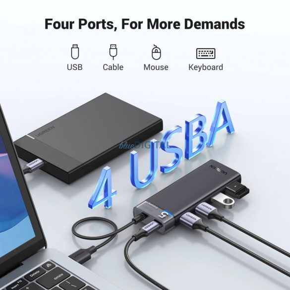 HUB Ugreen CM653 cu 4 porturi USB-A și cablu de alimentare USB-A - negru