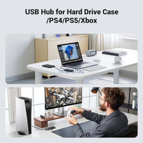 HUB Ugreen CM653 cu 4 porturi USB-A și cablu de alimentare USB-A - negru