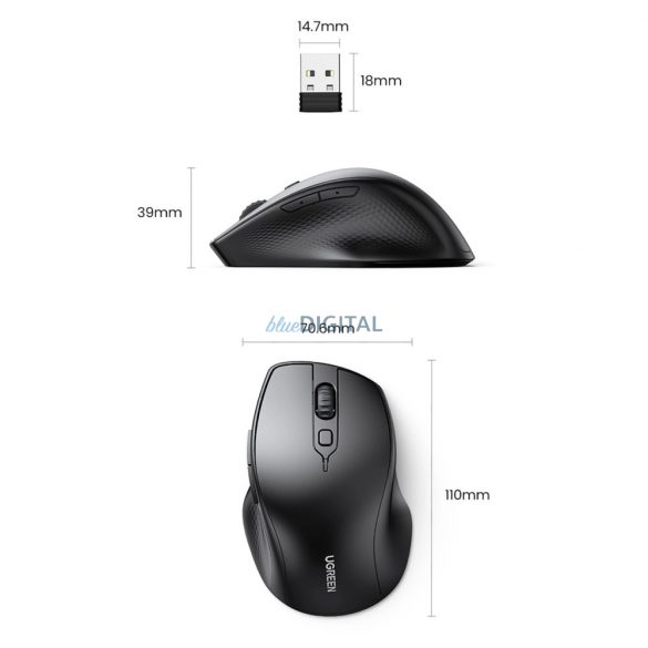 Mouse fără fir ergonomic Ugreen MU101 Bluetooth / 2,4 GHz - negru