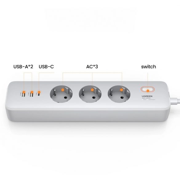 Cablu prelungitor Ugreen CD286 3x AC 2x USB-A 1x USB-C 30W cu comutator - alb