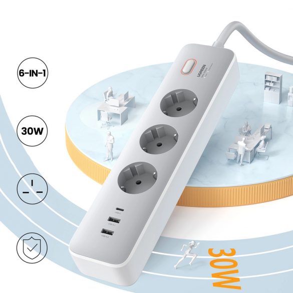 Cablu prelungitor Ugreen CD286 3x AC 2x USB-A 1x USB-C 30W cu comutator - alb