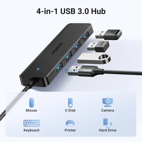 HUB Ugreen CM219 cu 4 porturi USB-A 3.0 și cablu USB-A 3.0 - negru