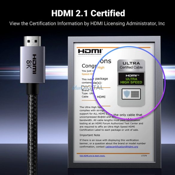 Cablu Ugreen HD171 cu conectori HDMI 2.1 8K certificat, 1 m lungime - gri