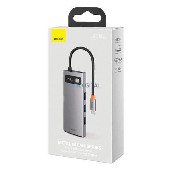 HUB multifuncțional 5 în 1 din seria Baseus Metal Gleam USB tip C - USB tip C Putere de livrare 100 W / HDMI 4K 30 Hz / 3x USB 3.2 Gen 1 (CAHUB-CX0G)