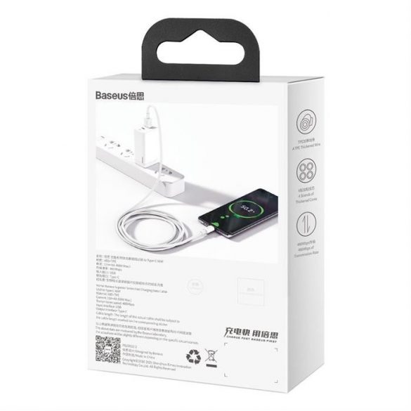 Cablu de date pentru încărcare rapidă din seria Baseus Superior USB - USB tip C 66 W 6A 1 m Alb (CATYS-02)