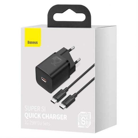 Încărcător rapid Baseus Super Si 1C 25W EU Seturi Negru + Cablu mini negru de la Tip-C la Tip-C 3A 1m (TZCCSUP-L01)