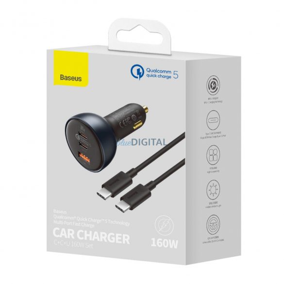 Baseus TZCCZM-0G Încărcător auto cu conexiuni 1xUSB-A și 2xUSB-C 160W QC5 PD - gri