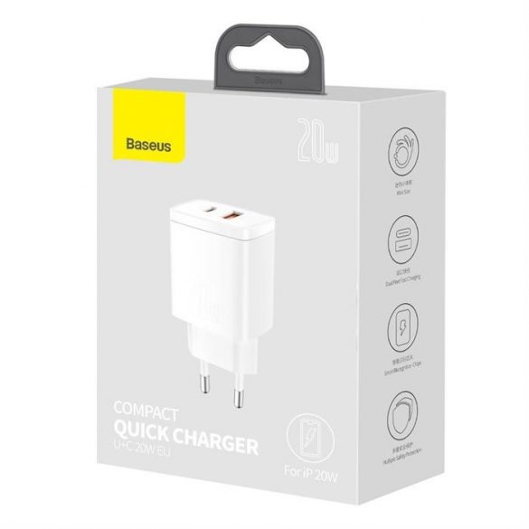 Încărcător rapid Baseus Compact USB tip C / USB 20 W 3 A Putere de livrare Quick Charge 3.0 alb (CCXJ-B02)