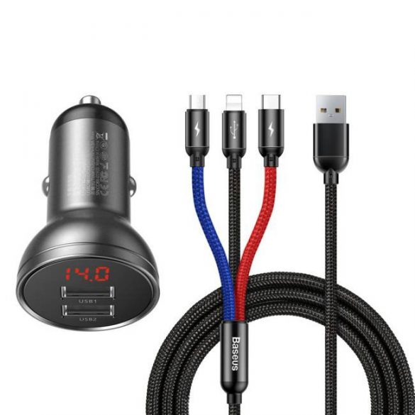 Baseus display digital Încărcător auto Dual USB 4.8a punct 24W + 3in1 USB - UBS Tip-C USB-C / micro USB / Lightning 1.2m cablu negru (TZCCBX-0G)