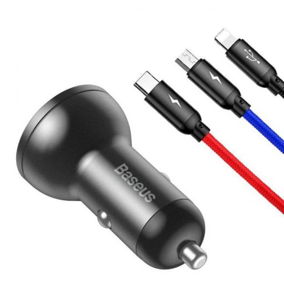 Baseus display digital Încărcător auto Dual USB 4.8a punct 24W + 3in1 USB - UBS Tip-C USB-C / micro USB / Lightning 1.2m cablu negru (TZCCBX-0G)