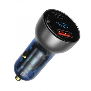 Încărcător auto Baseus USB / Type-c USB 65 W 5 A SCP Quick Charge 4.0+ Power Delivery 3.0 Display LCD + USB Type-c - Cablu USB Type-c transparent (CCKX-C0A)