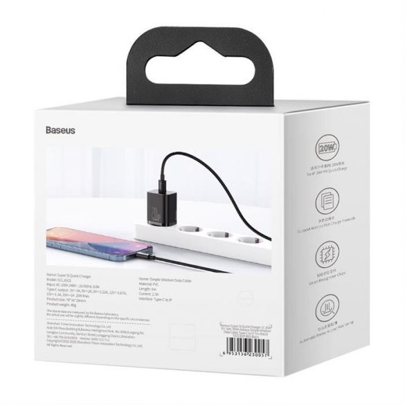 Încărcător de perete rapid Baseus Super Si 1C USB Type C 20 W Power Delivery + USB Type C - Cablu Lightning 1 m negru (TZCCSUP-B01)