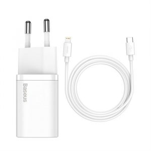 Încărcător de perete rapid Baseus Super Si 1C USB Type C 20 W Power Delivery + USB Type C - Cablu Lightning 1 m alb (TZCCSUP-B02)