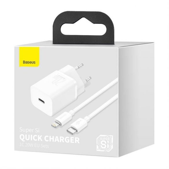 Încărcător de perete rapid Baseus Super Si 1C USB Type C 20 W Power Delivery + USB Type C - Cablu Lightning 1 m alb (TZCCSUP-B02)