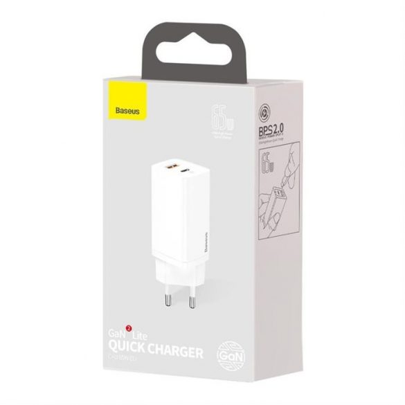 Baseus GaN2 Lite încărcător rapid de perete 65W USB / USB Tip C Quick Charge 3.0 Power Delivery (nitrură de galiu) alb (CCGAN2L-B02)