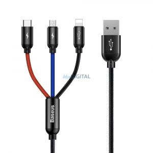 Baseus Three Primary Colors 3in1 USB-A - cablu micro USB / Lightning / USB-C 3,5A 0,3 m - negru