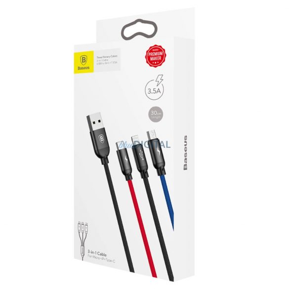 Baseus Three Primary Colors 3in1 USB-A - cablu micro USB / Lightning / USB-C 3,5A 0,3 m - negru