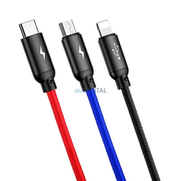 Baseus Three Primary Colors 3in1 USB-A - cablu micro USB / Lightning / USB-C 3,5A 0,3 m - negru