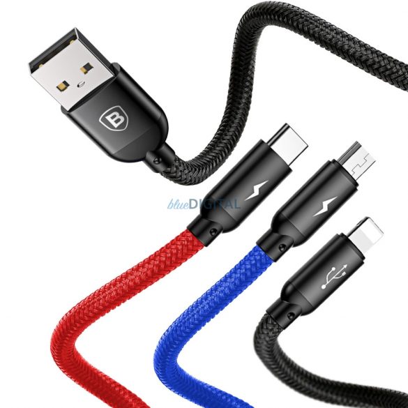 Baseus Three Primary Colors 3in1 USB-A - cablu micro USB / Lightning / USB-C 3,5A 0,3 m - negru