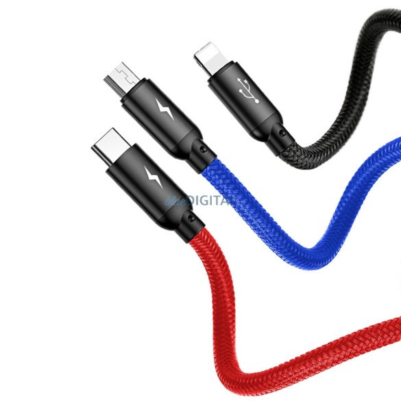 Baseus Three Primary Colors 3in1 USB-A - cablu micro USB / Lightning / USB-C 3,5A 0,3 m - negru