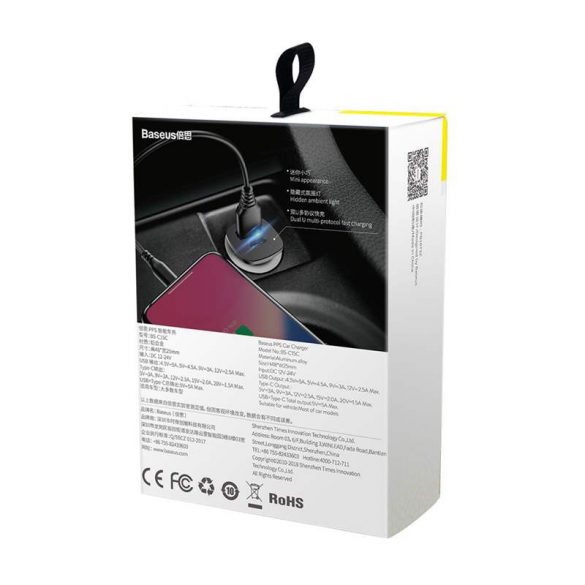 Încărcător universal inteligent pentru mașină Baseus tér PPS USB Quick Charge 4.0 QC 4.0 și USB-C PD 3.0 SCP negru (CCALL-AS01)