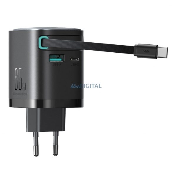 Joyroom JR-TCL02 încărcător de rețea cu conexiune 1xUSB-A și 1x-USB-C și cablu retractabil Type-C GaN 65W - negru