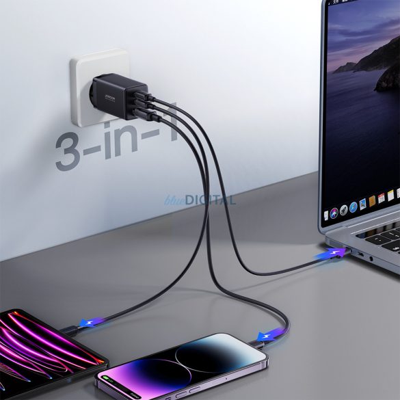 Joyroom încărcător rapid GaN 65W USB, 2x USB C negru + cablu USB C - USB C 100W 1.2m (TCG01)