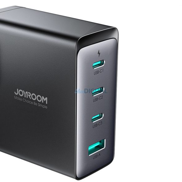 Joyroom JR-TCG05EU Încărcător AC cu conexiuni 1xUSB-A și 3xUSB-C și cablu Type-C - Type-C 1.2m GaN 140W - negru