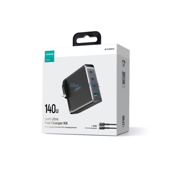 Joyroom JR-TCG05EU Încărcător AC cu conexiuni 1xUSB-A și 3xUSB-C și cablu Type-C - Type-C 1.2m GaN 140W - negru