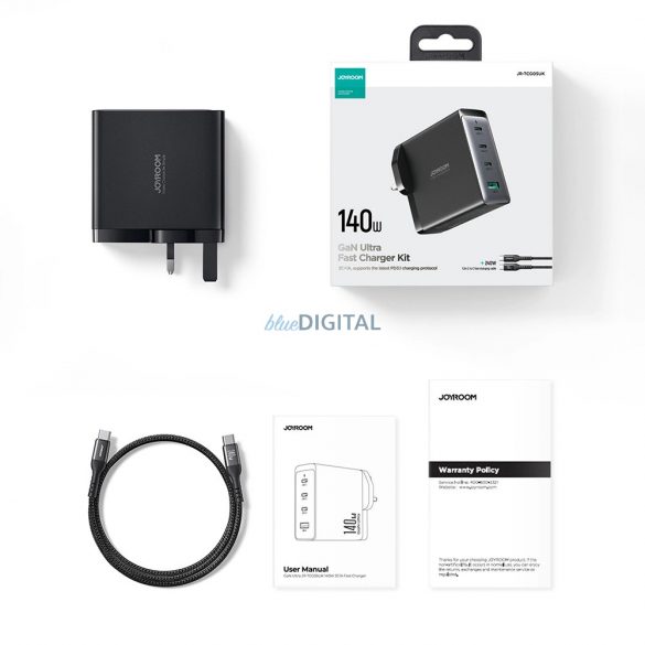 Joyroom JR-TCG05EU Încărcător AC cu conexiuni 1xUSB-A și 3xUSB-C și cablu Type-C - Type-C 1.2m GaN 140W - negru