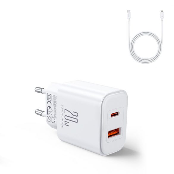 Joyroom JR-TCF05 20W USB-C / USB-A Fast Dual Port Wall Charger - Alb + USB-C - Lightning 1m