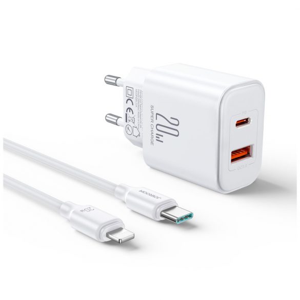 Joyroom JR-TCF05 20W USB-C / USB-A Fast Dual Port Wall Charger - Alb + USB-C - Lightning 1m