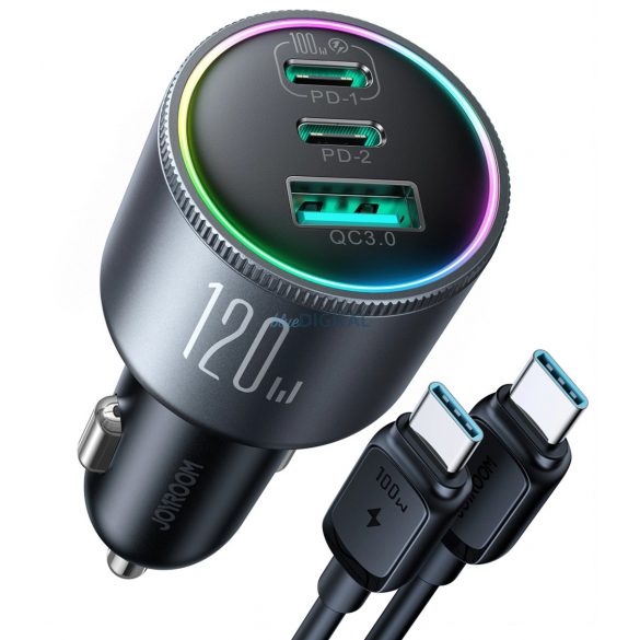 Joyroom JR-CCN07 încărcător auto 120W 2xUSB-C USB-A + cablu USB-C 100W - gri închis